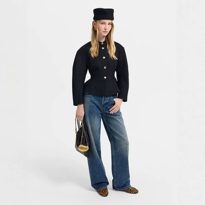 Women's tailored jacket with peplum hem, structured woven quality and decorative buttons Mune Fashion