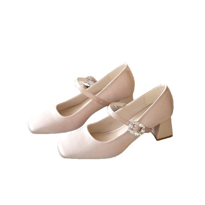 Women's Square Mary-Jane Pumps with Strap, Mid-High Block Heel and Crystal Buckle Mune Fashion