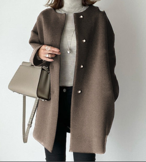 Women nan Oversized Wool Blend Coat with Pearl Buttons and Straight Cut Mune Fashion