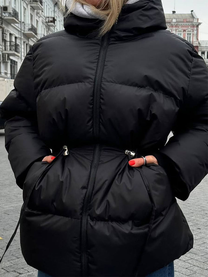 Women Padded Fitted Quilted Jacket with Drawstring & High Standing Collar Mune Fashion