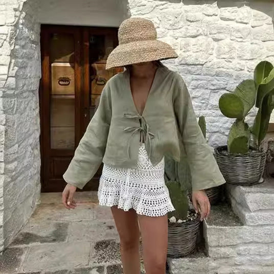 Women's Light Linen Look Tie Blouse with V-Neck, Bell Sleeves and Knot Band Mune Fashion