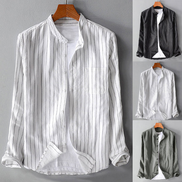 Men's casual striped stand-up collar shirt made of linen-cotton mix with chest pocket Mune Fashion