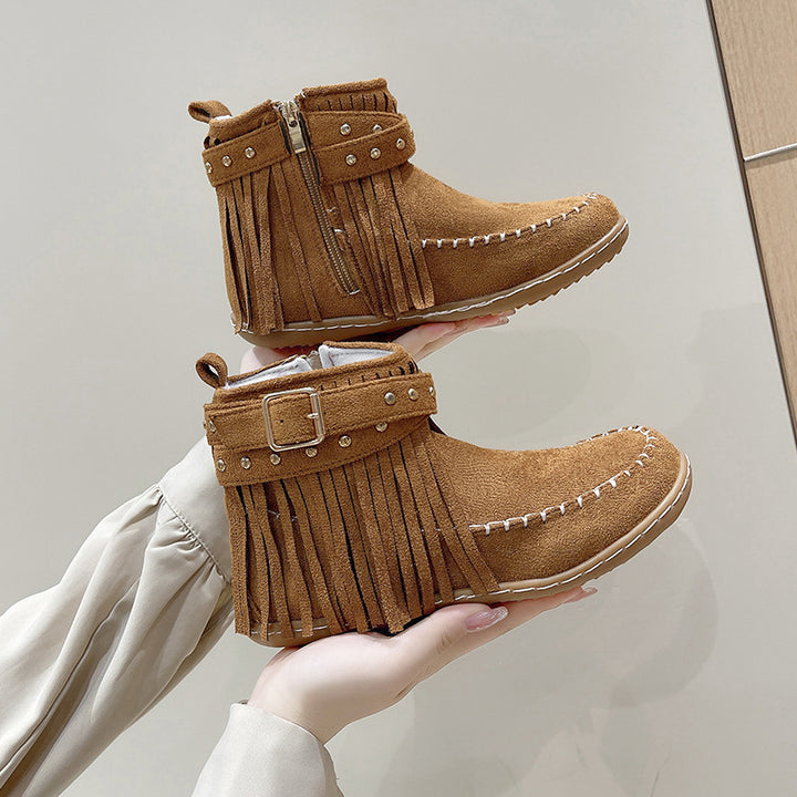 Women's fringe ankle boot in moccasin style with decorative studs, buckle strap, and side zipper Mune Fashion
