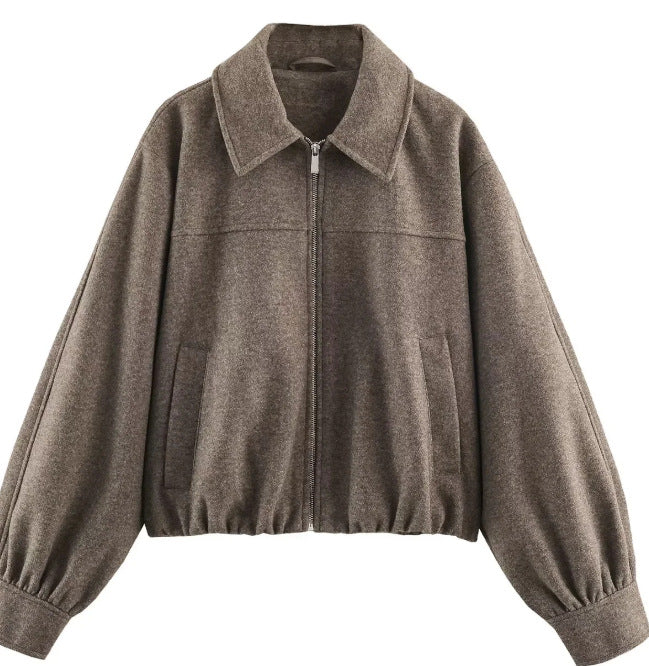 Women’s Short Cut Wool Bomber Jacket with Zipper and Elastic Hem Mune Fashion