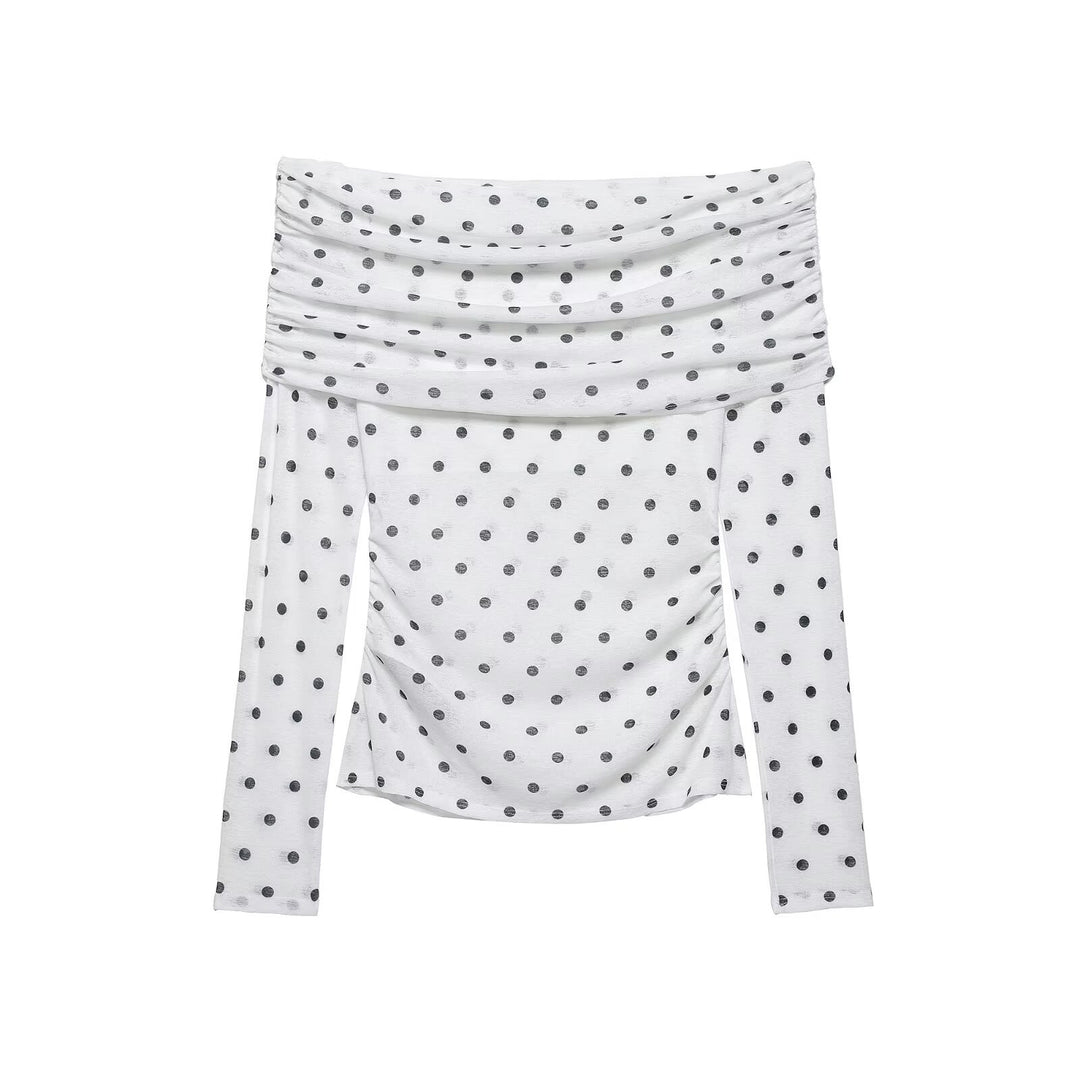 Women's Off-Shoulder Long Sleeve Top with Waterfall Neckline and Polka Dot Print Mune Fashion