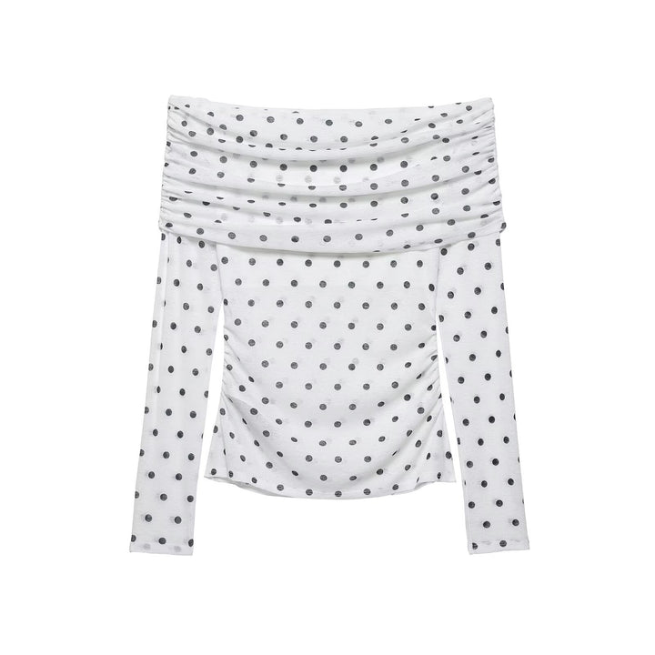 Women's Off-Shoulder Long Sleeve Top with Waterfall Neckline and Polka Dot Print Mune Fashion