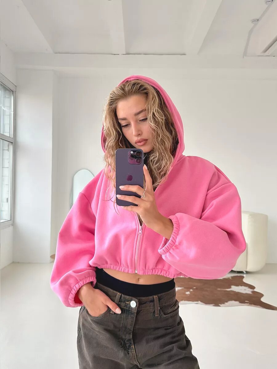 Women's oversized hooded jacket short cut with elastic hem and balloon sleeves Mune Fashion