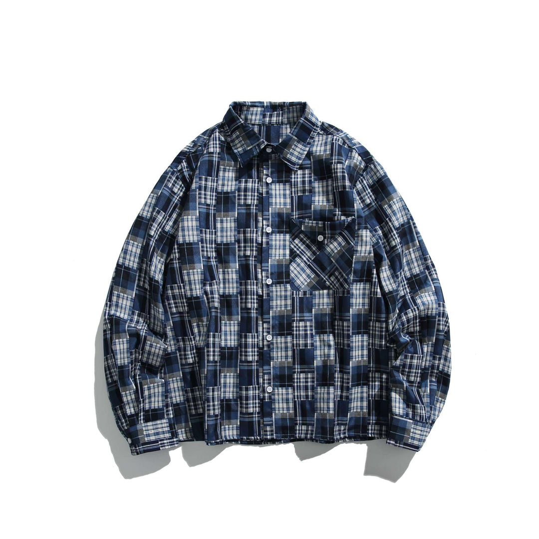 Unisex Patchwork Check Shirt Jacket in Oversize Boxy Cut with Chest Pocket and Kent Collar Mune Fashion