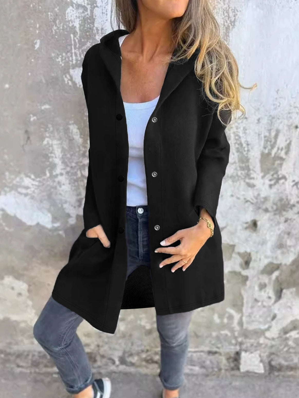 Women's Long Hooded Cardigan with Snap Button Placket, Side Pockets and Relaxed Silhouette Drune
