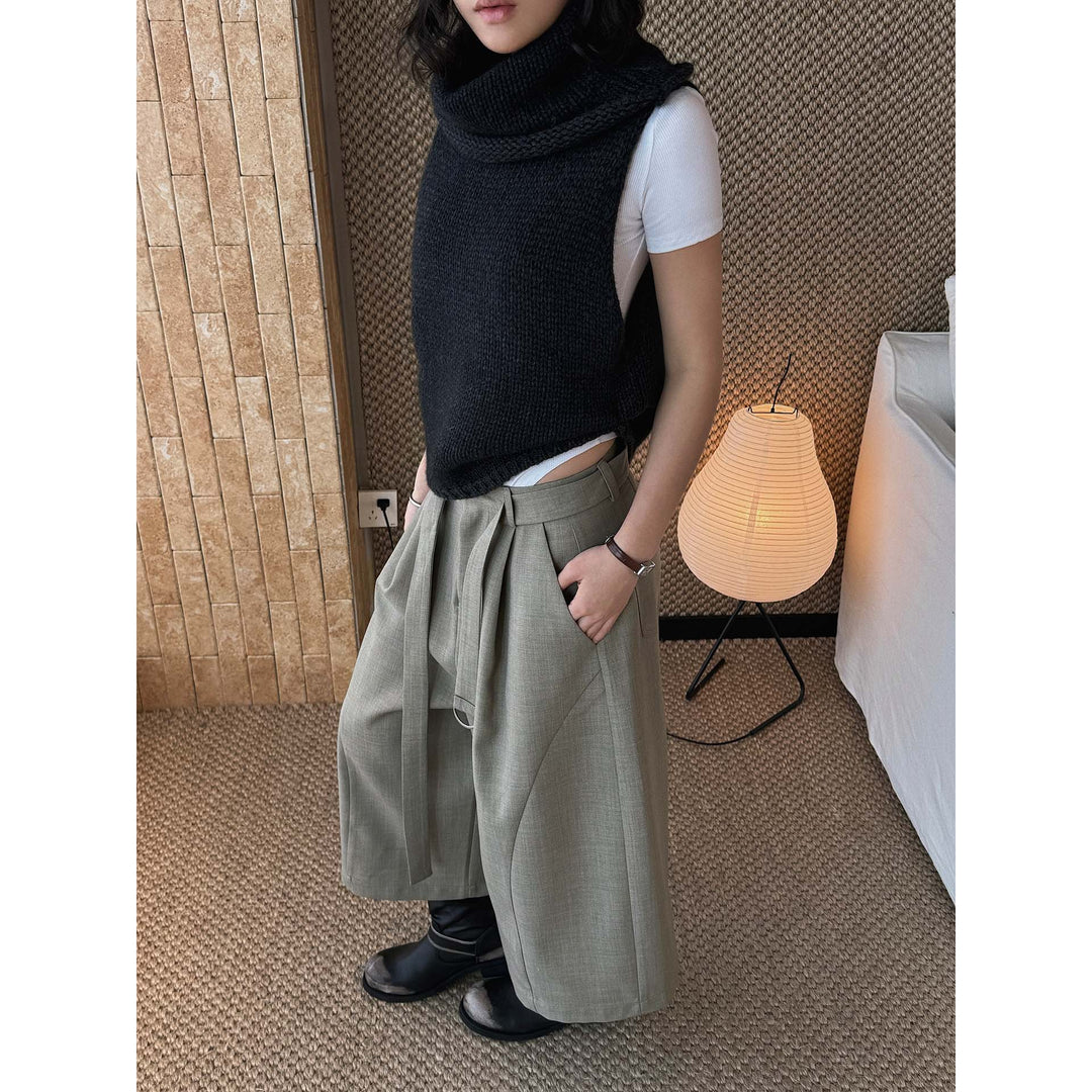 Women Wide High-Waist Pleated Culottes with D-Ring Tie Belt Mune Fashion