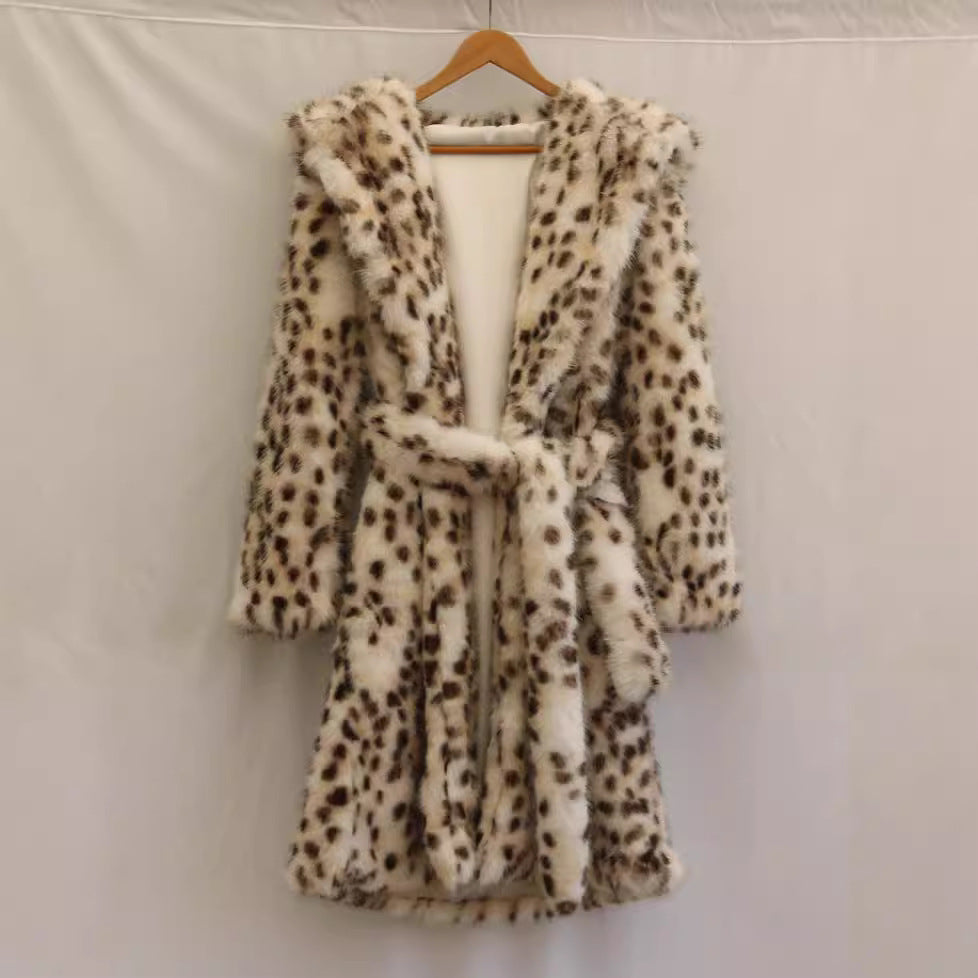 Women’S Fleece Bathrobe with Hood and Leopard Print Mune