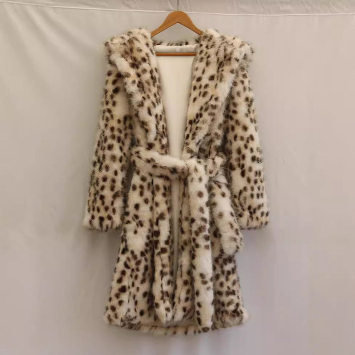Women’S Fleece Bathrobe with Hood and Leopard Print Mune