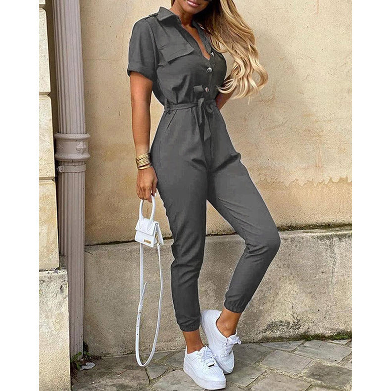 Women Short Sleeve Utility Overall with Waist Tie Belt and Slim Jogger Legs Mune Fashion