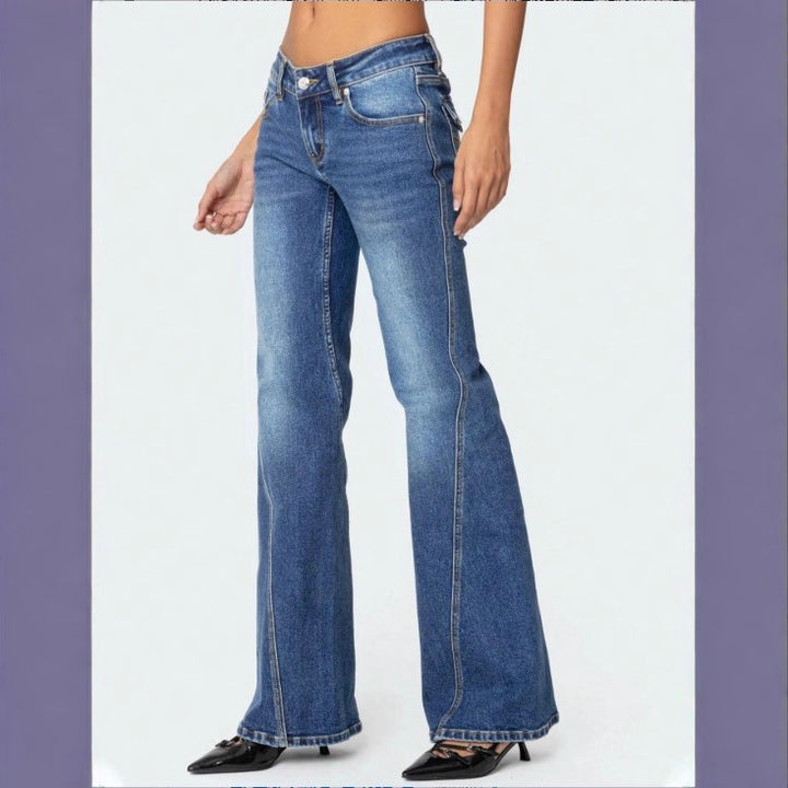 Ladies High-Waisted Vintage Flared Jeans with Slim Hip Section and Vertical Seam Mune Fashion