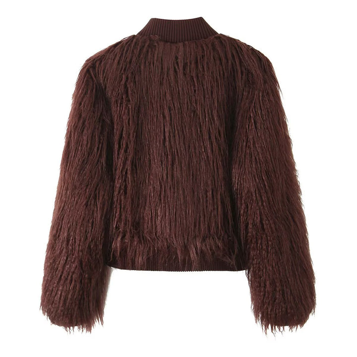 Women Short Cut Shaggy Faux Fur Cardigan with Ribbed Collar and Button Placket Mune Fashion