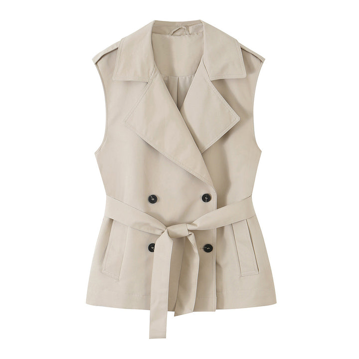 Women's Sleeveless Double-Breasted Trench Vest with Notched Lapel and Waist Belt Mune Fashion