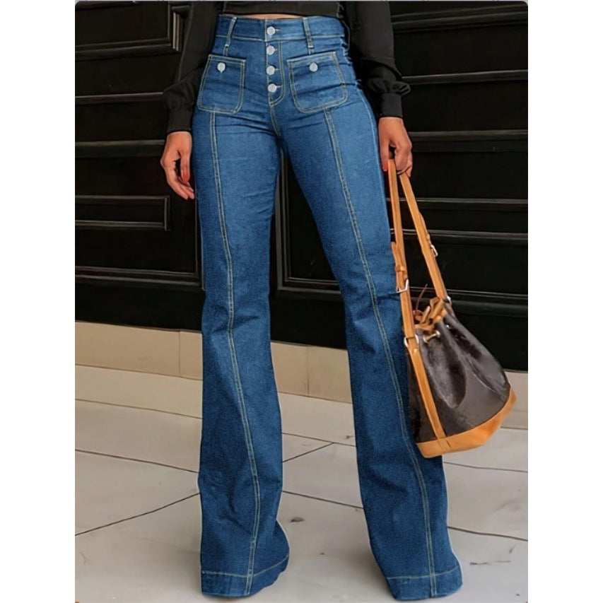 Ladies High-Waisted Flared Jeans with visible center seam, button closure, and patch front pockets Mune Fashion
