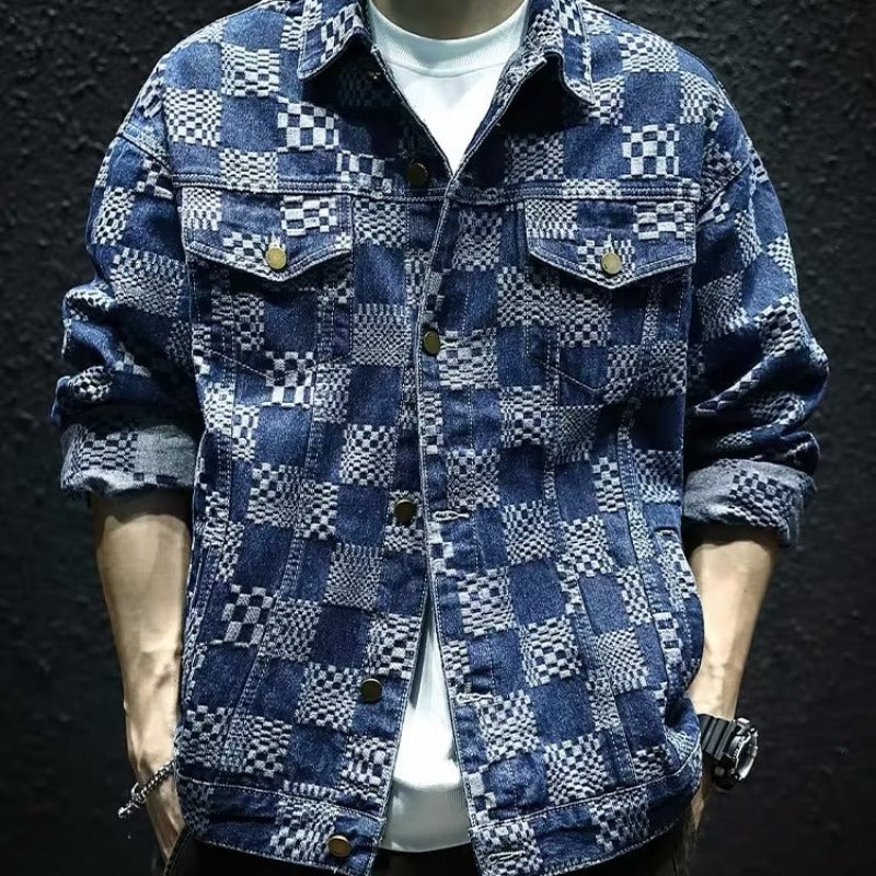 Men's Fashion Denim Jacket with Unique Checkered Pattern Mune Fashion