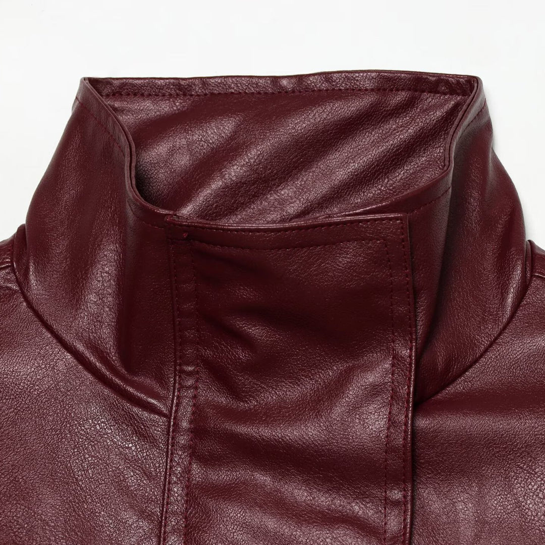 Women Tailored Faux Leather Jacket with High Stand Collar and Tie Belt Mune Fashion
