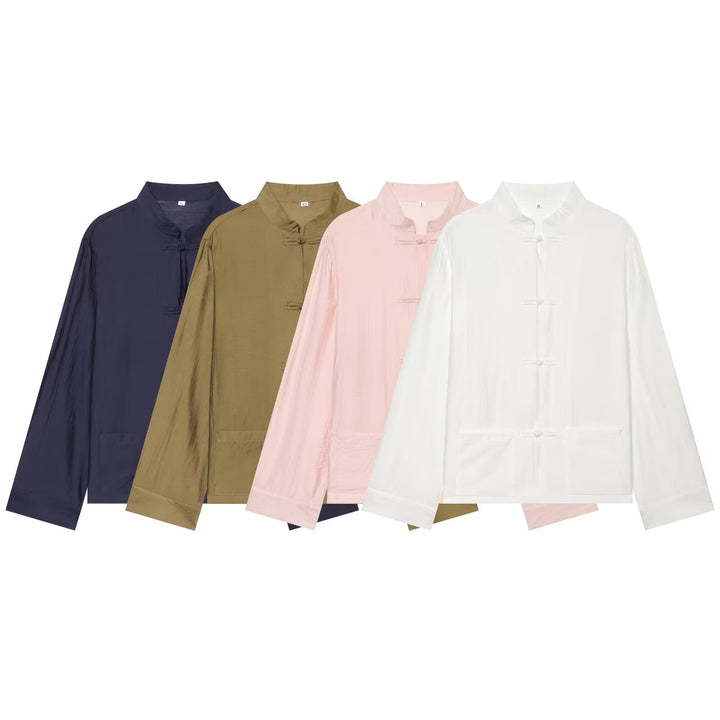 Women's Asian-inspired transitional jacket with stand-up collar, knot closures, and patch pockets Mune Fashion