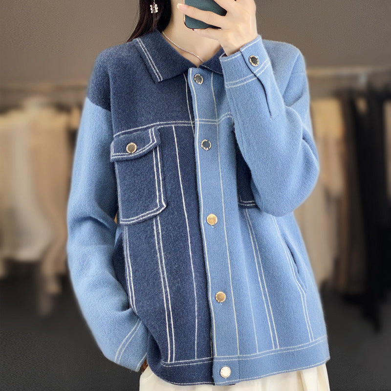 Women's Oversized Knit Jacket in Denim Jacket Look with Contrasting Seam Details and Chest Pocket Mune Fashion