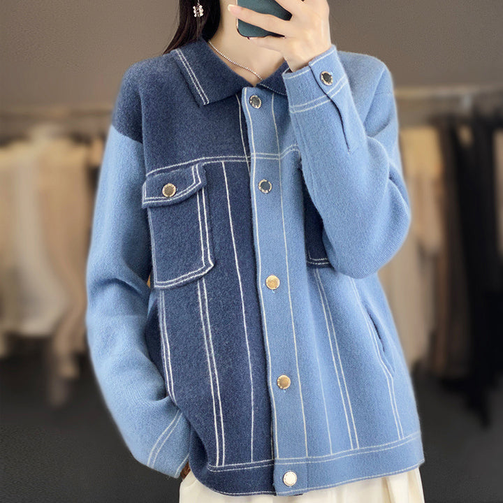 Women's Oversized Knit Jacket in Denim Jacket Look with Contrasting Seam Details and Chest Pocket Mune Fashion