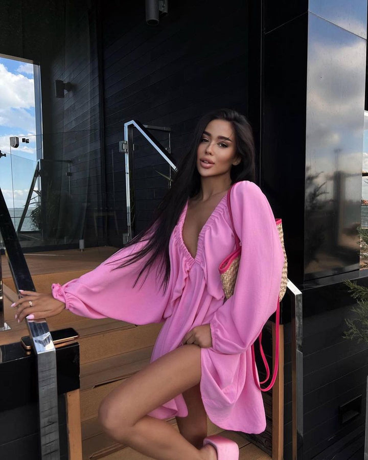 Women Loose Mini Dress with Deep V-Neck and Balloon Sleeves Mune Fashion