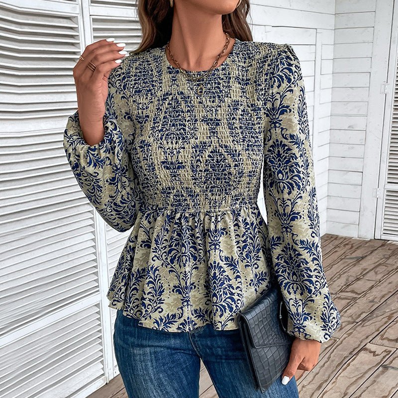 Women's Gathered Smock Blouse Shirt with Peplum and Voluminous Puff Sleeves Mune Fashion