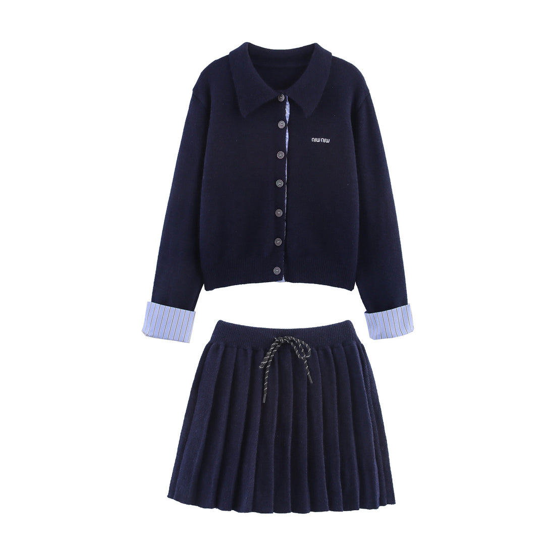 Women Two-Piece Fine Knit Set with Shirt Collar Cardigan and Pleated Skirt Mune Fashion