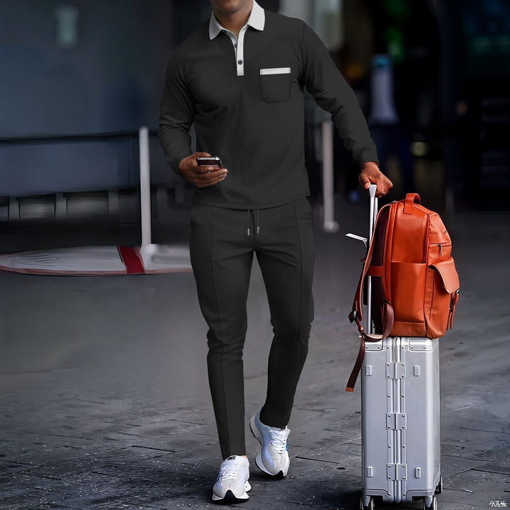 Men's travel set made of structured jersey with long sleeve polo shirt, chest pocket, and slim fit drawstring pants Mune Fashion