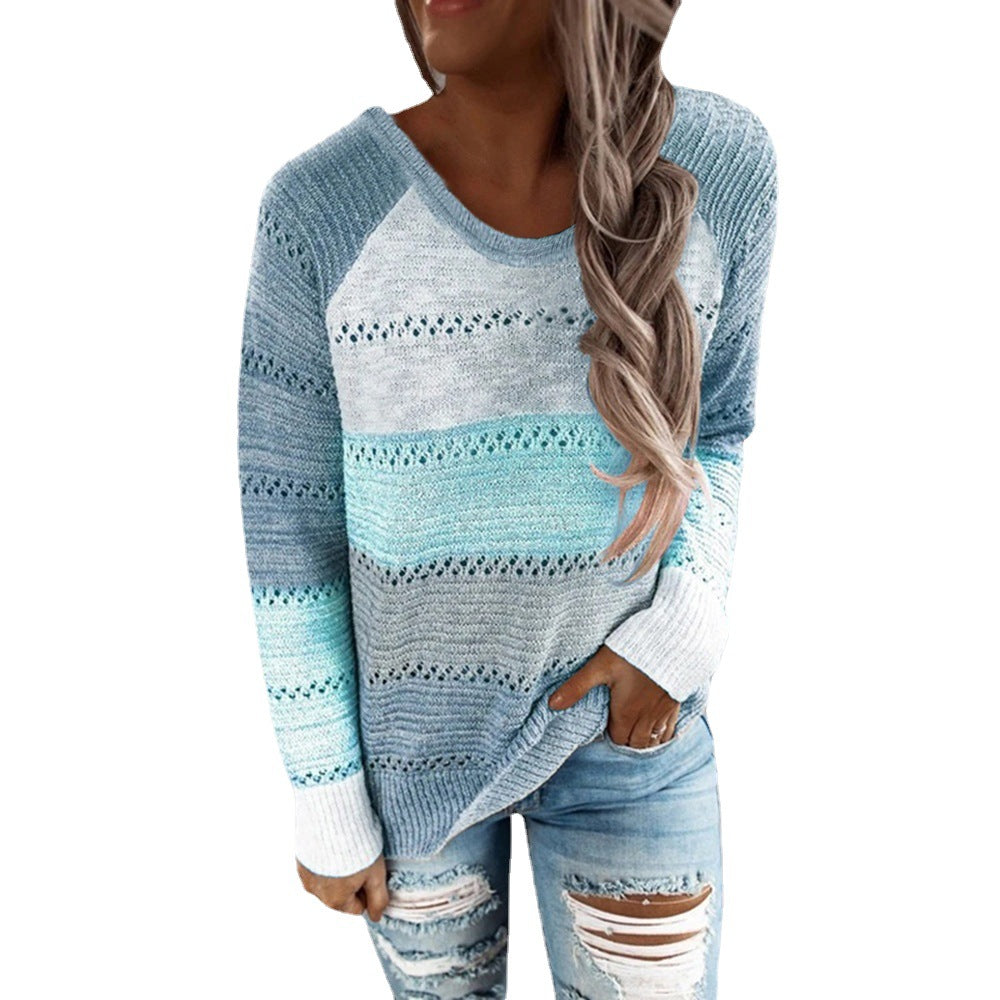 Women's casual knitted sweater with openwork pattern, color block inserts, and loose fit Drune