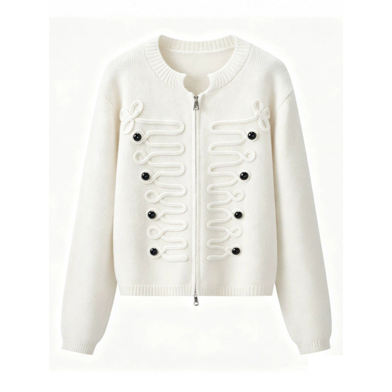 Women's short-cut knitted cardigan with decorative cord applications and two-way zipper Mune Fashion