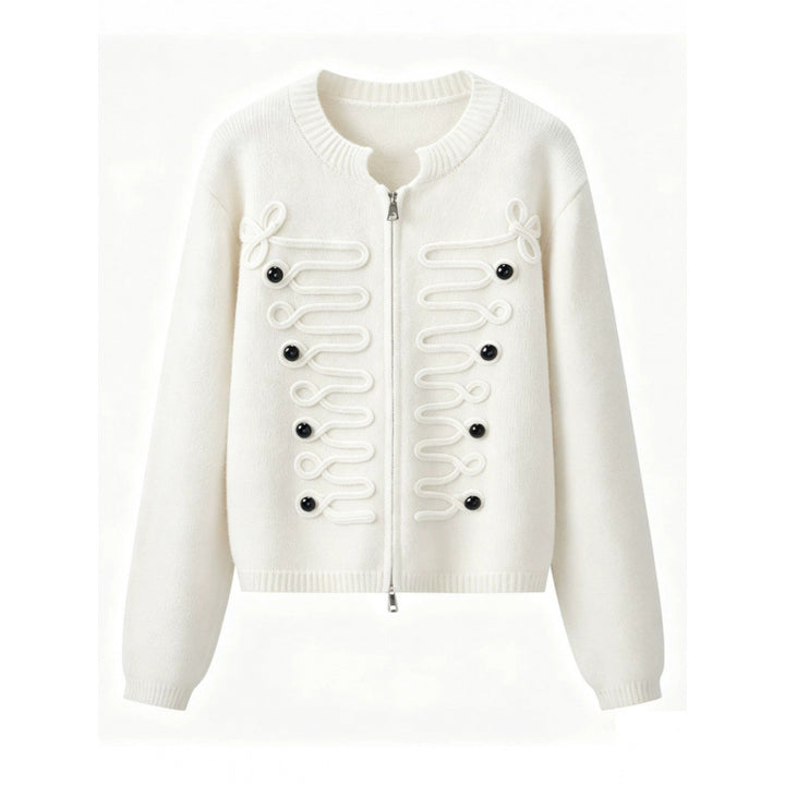 Women's short-cut knitted cardigan with decorative cord applications and two-way zipper Mune Fashion
