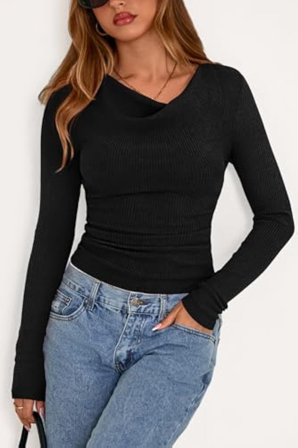 Women's fitted fine-rib long sleeve with asymmetric waterfall collar Drune
