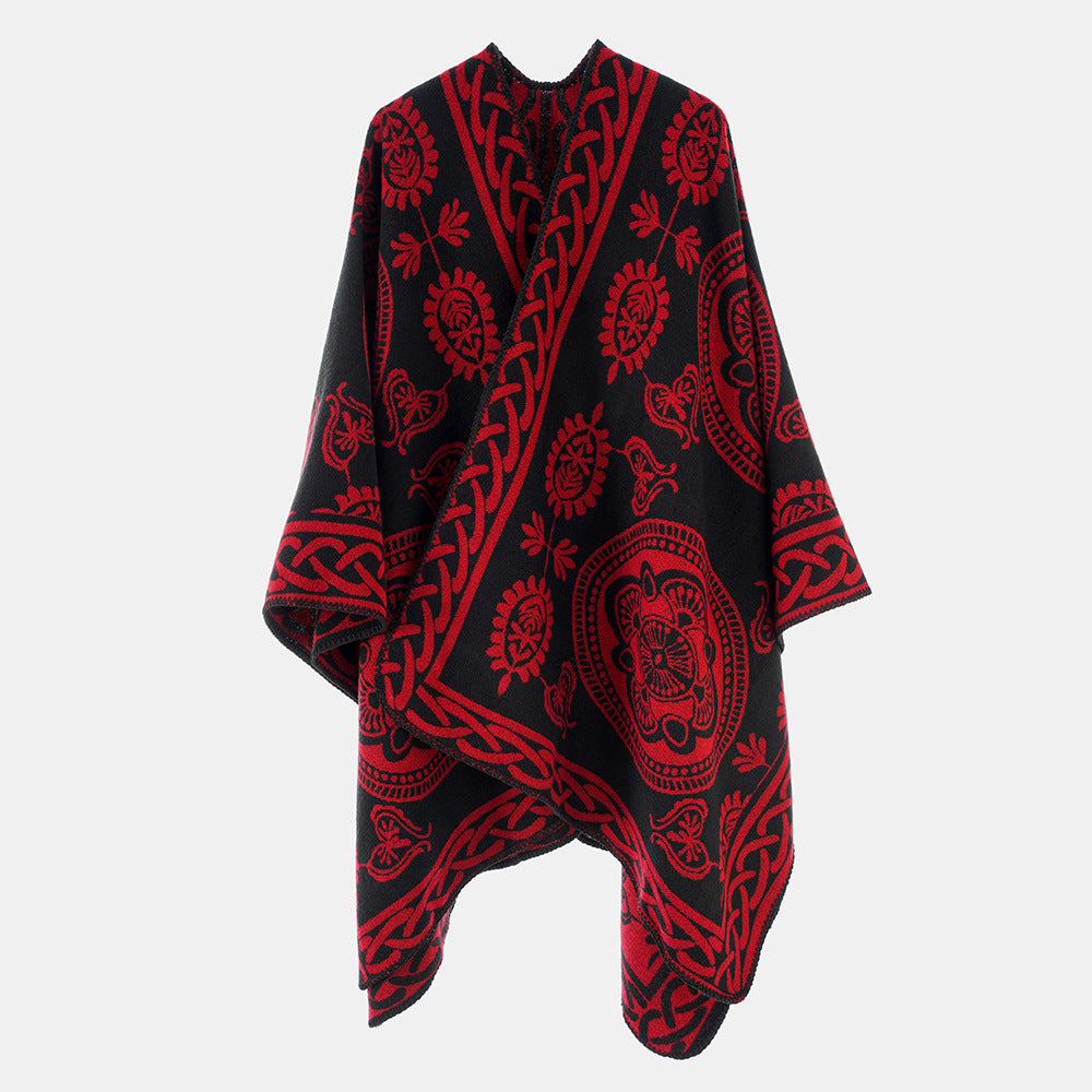 Women's Oversized Cape with Ornamental Jacquard and Asymmetrical Pointed Hem Mune Fashion