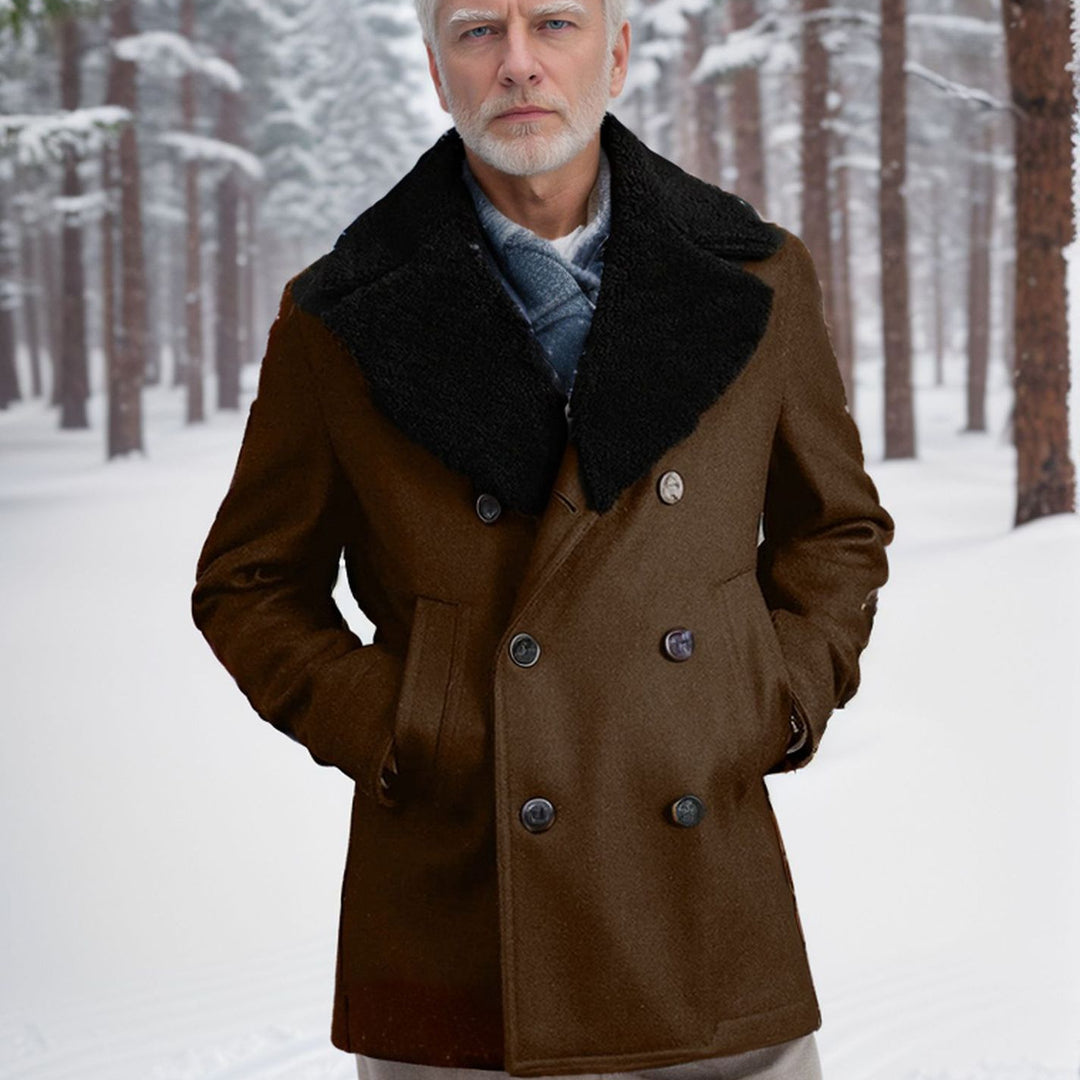 Men's short coat in pea coat style made of wool blend with voluminous teddy collar and side pockets Mune Fashion
