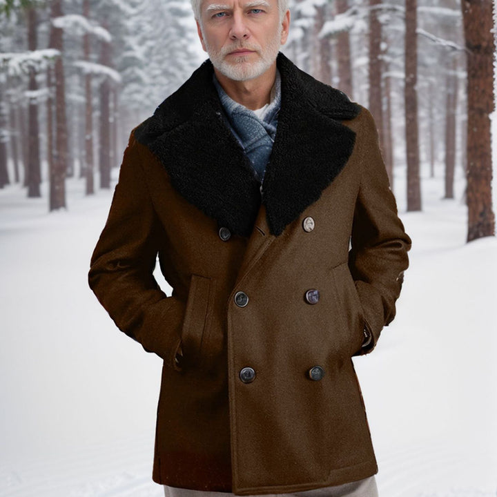 Men's short coat in pea coat style made of wool blend with voluminous teddy collar and side pockets Mune Fashion