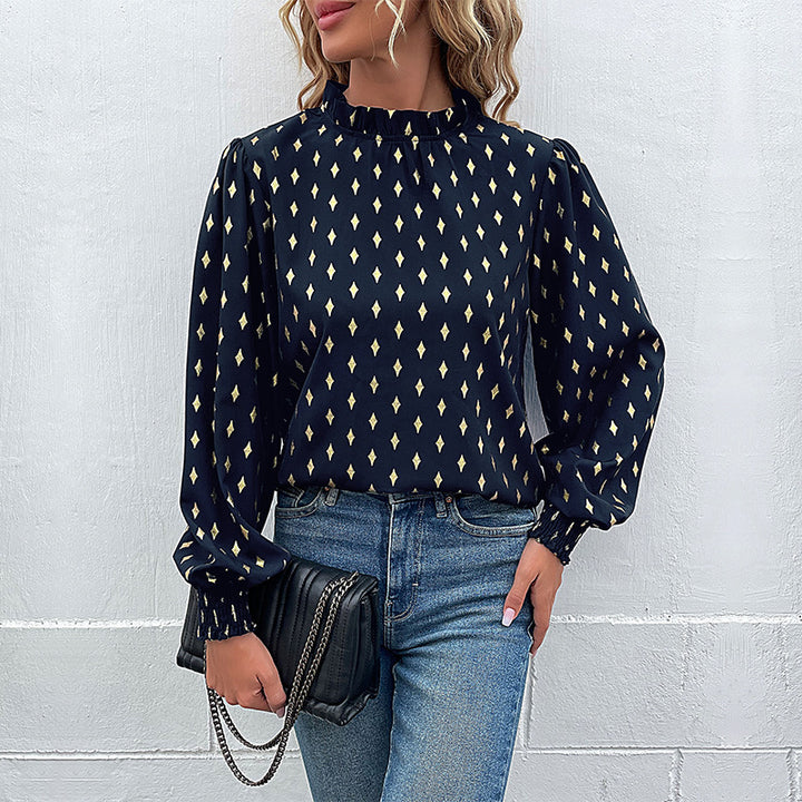 Women's Elegant Ruffled Stand Collar Blouse with Puff Sleeves and Smocking Cuffs Mune Fashion