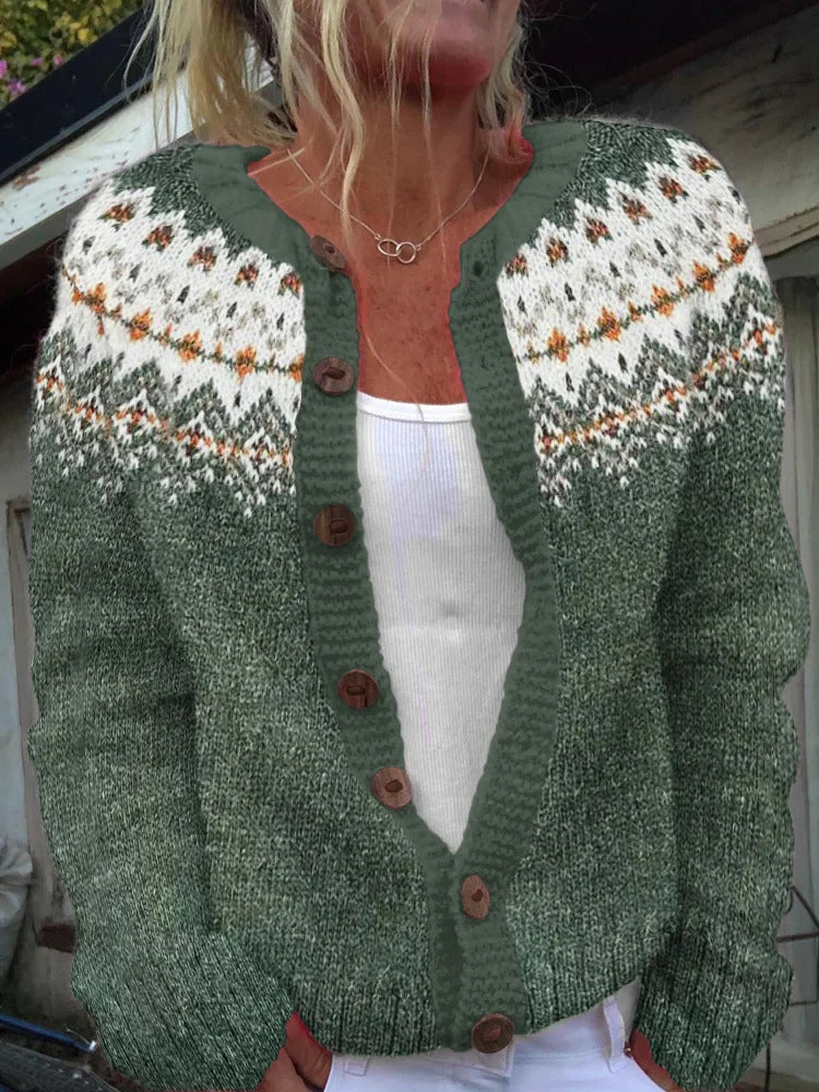 Women's patterned cardigan with round yoke, wooden buttons, and welt pockets Mune Fashion