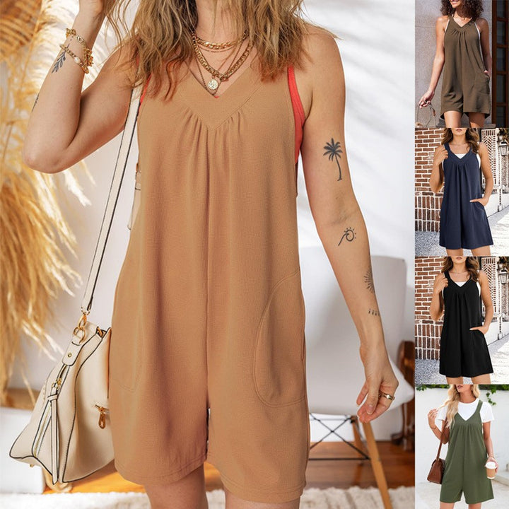 Women's Sleeveless Waffle Shorts Jumpsuit with V-Neck and Side Pockets Mune Fashion