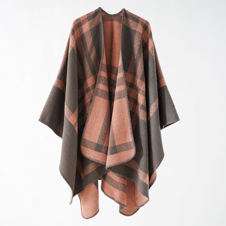 Women Reversible Wool Blend Poncho with Geometric Check Pattern and Decorative Stitching