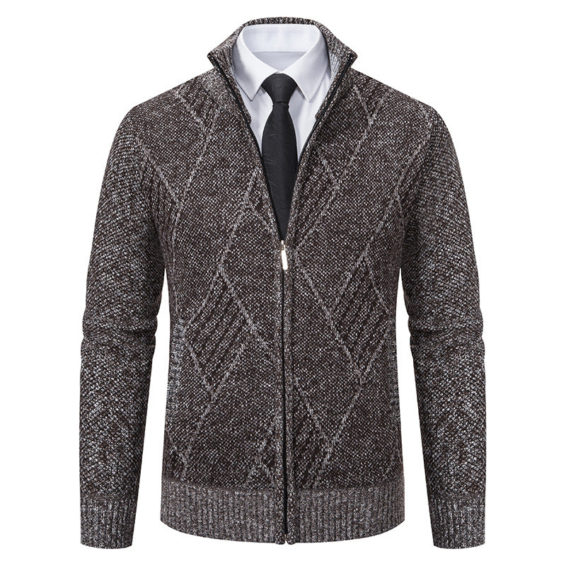 Men's fine knit zip jacket with structured diamond pattern, stand-up collar and continuous zipper Mune Fashion