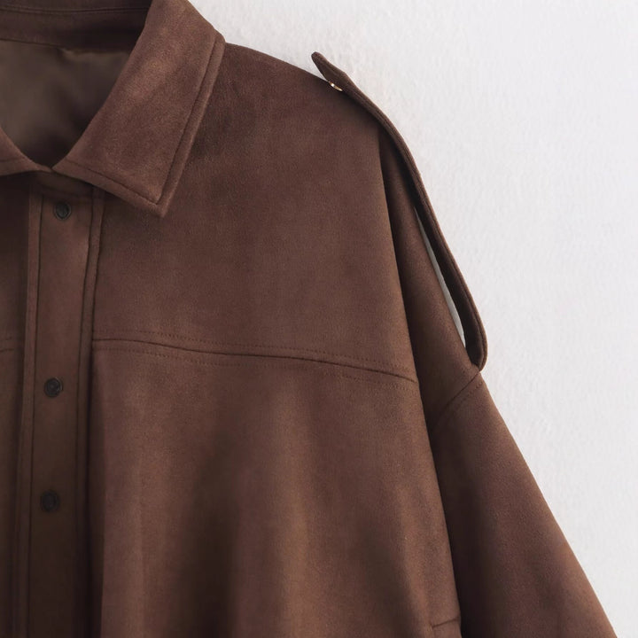 Women's Oversized Cropped Jacket in Suede Look with Cut-Out Shoulders and Drawstring Hem Mune Fashion