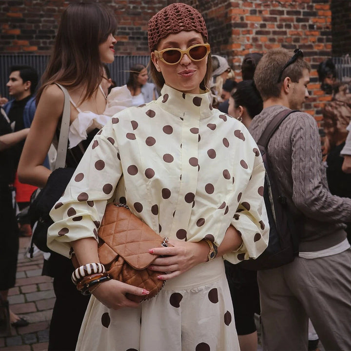 Women's Boxy Shirt Jacket with Stand Collar, Balloon Sleeves and Large Polka Dot Print Mune Fashion
