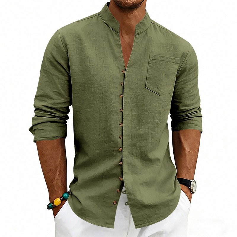 Men's shirt with stand-up collar and asymmetrical button placket made of linen mix Mune Fashion