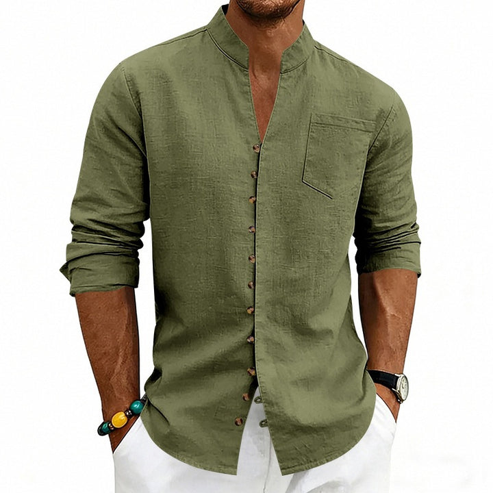 Men's shirt with stand-up collar and asymmetrical button placket made of linen mix Mune Fashion
