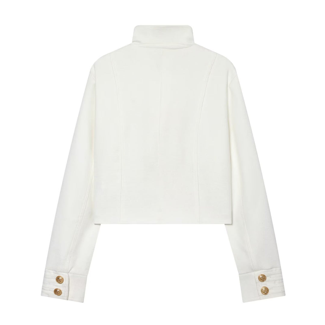 Women's Cropped Uniform Jacket in Military Style with Stand-up Collar and Decorative Button Placket Mune Fashion