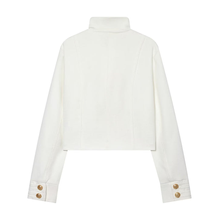 Women's Cropped Uniform Jacket in Military Style with Stand-up Collar and Decorative Button Placket Mune Fashion