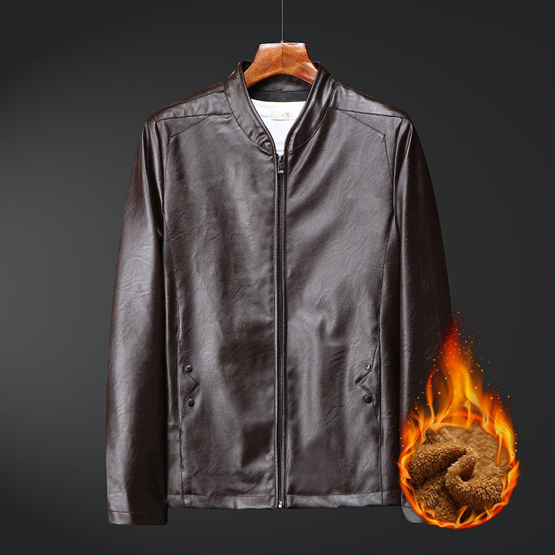 Men's Slim-Fit Faux Leather Bomber with Warming Teddy Lining and Concealed Zipper