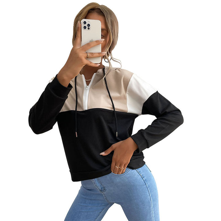 Women's hooded pullover with half zipper, color block design and drawstring Mune Fashion